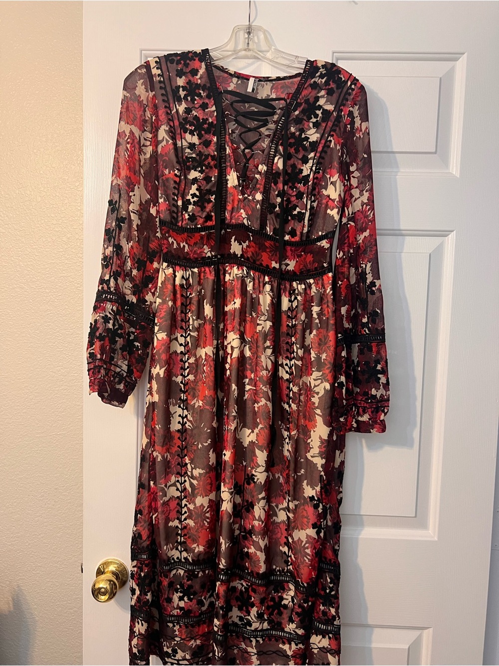 Topshop Red and Black Floral Lace-Up Long Sleeve Midi Dress